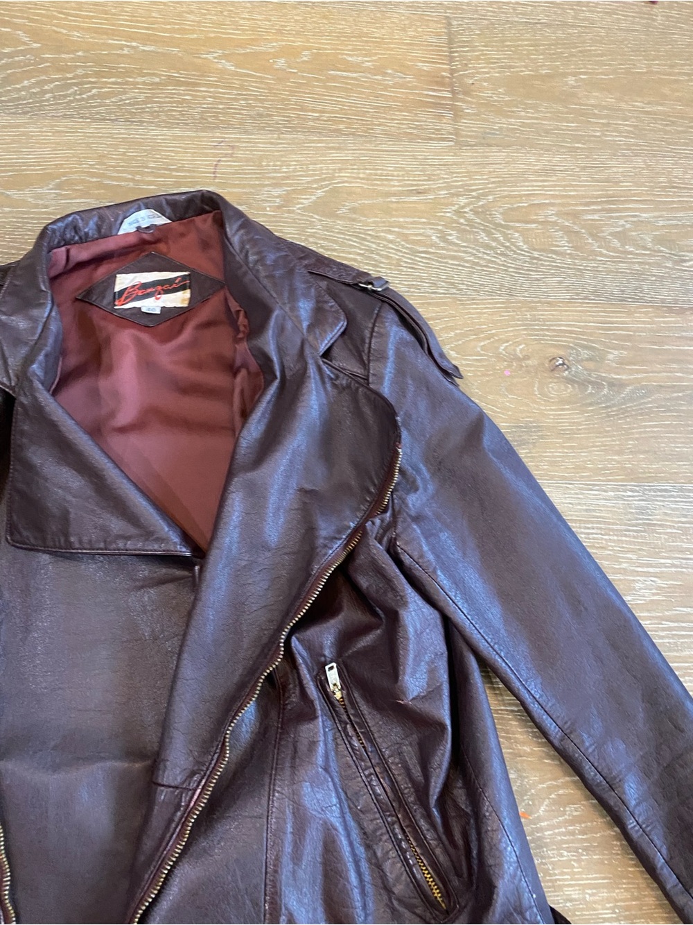 Banzai 80s Leather Motorcycle Belted Zip Up Jacket Maroon Brown Draped Waterfall - Picture 7 of 9